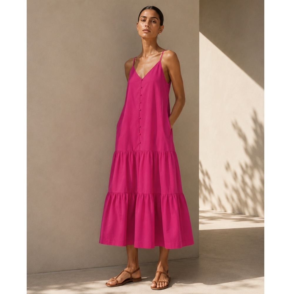 NWT Ted Baker LUANN Tiered Midi Dress Women 0-2 Fuchsia Button V-Neck (ted1)